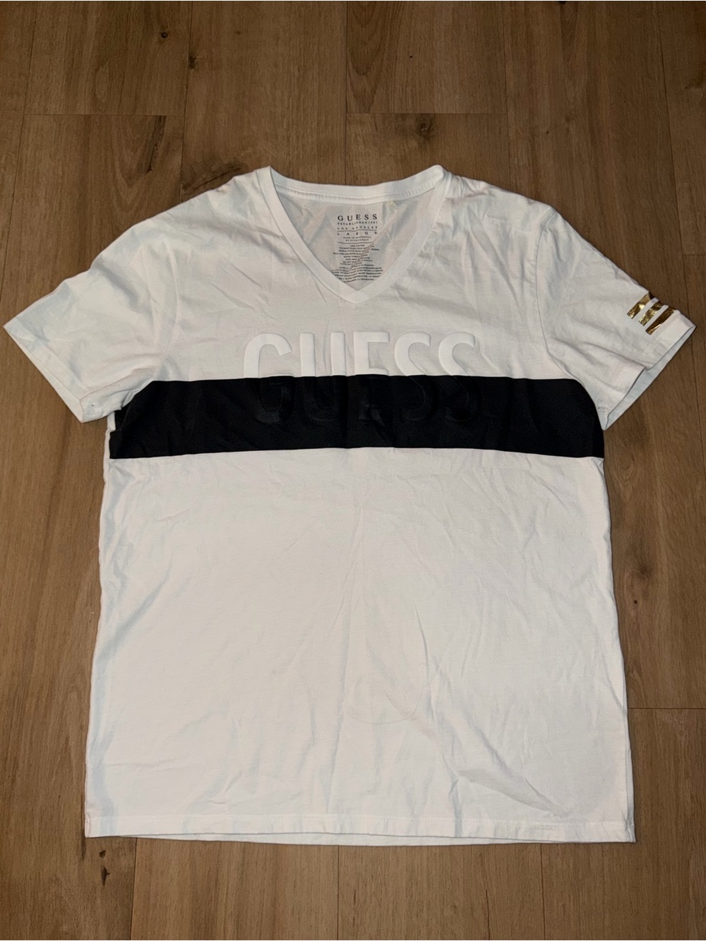 GUESS White Short Sleeve V-Neck Tee with Black Chest Band - Picture 1 of 2
